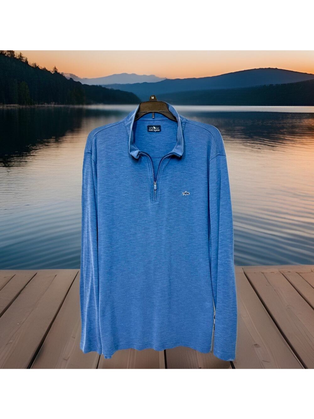 Fish Hippie 1/4 Zip Pullover Large Sweater Jacket Preppy Embroidered Light Blue